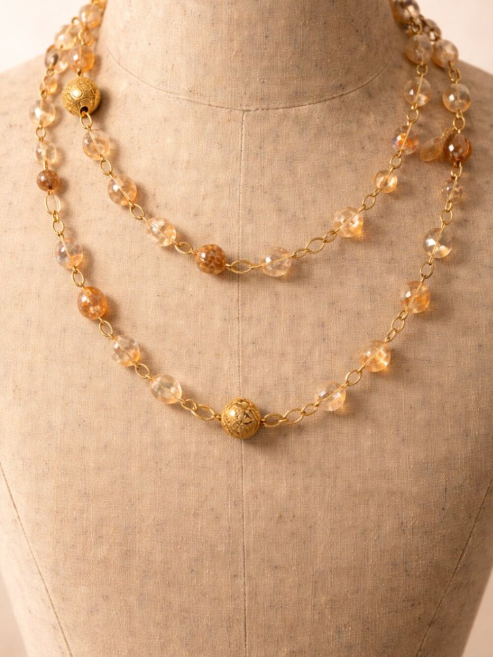 Gold Faceted Double Strand Necklace with Gold Tone Chain Links Amber Color Vtg